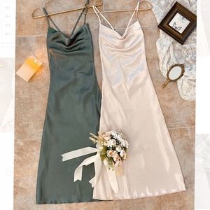 New 2pcs Lace Up Backless Satin Sleep dark Dress green and ivory